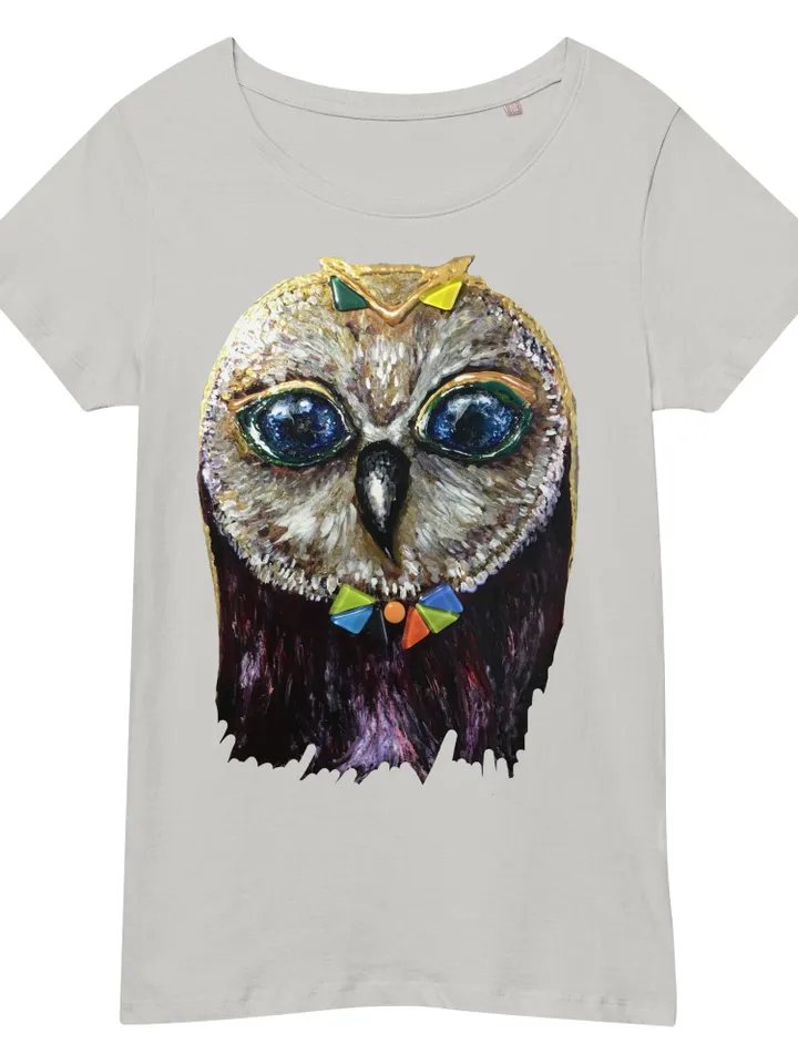 Red owl in glasses Women’s organic t-shirt made with my original stained glass painting,unique design handmade t shirt,special gift for her