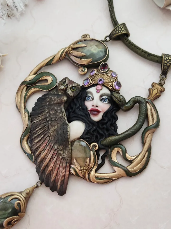 Necklace Mistress of the Forest, owl necklace, snake necklace, forest necklace,necklace with stones, labradorite