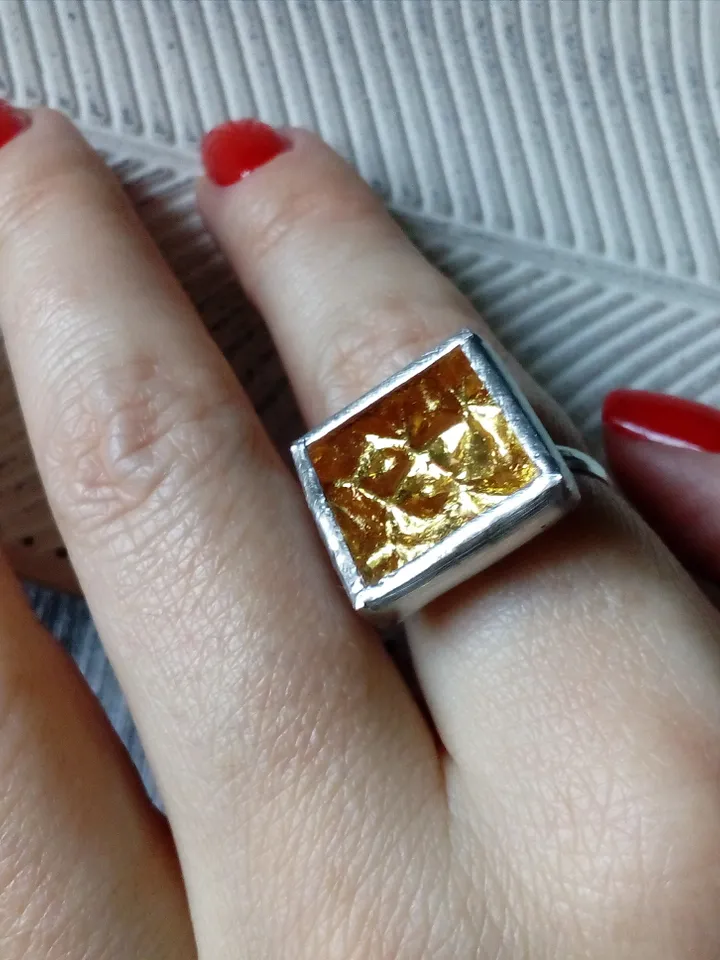 Glass ring, square glass, simple stained glass, tin soldered ring, stained glass ring, sparkling ring, shiny ring