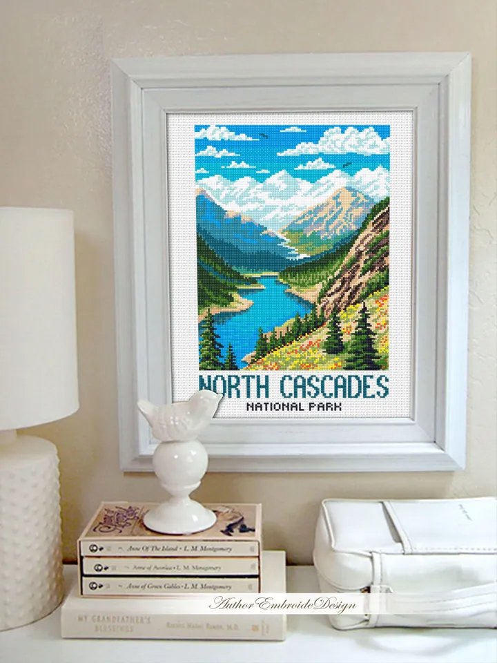 North cascades national park cross stitch pattern PDF download Travel poster cross stitch chart, Mountain landscape pattern digital PDF #L97