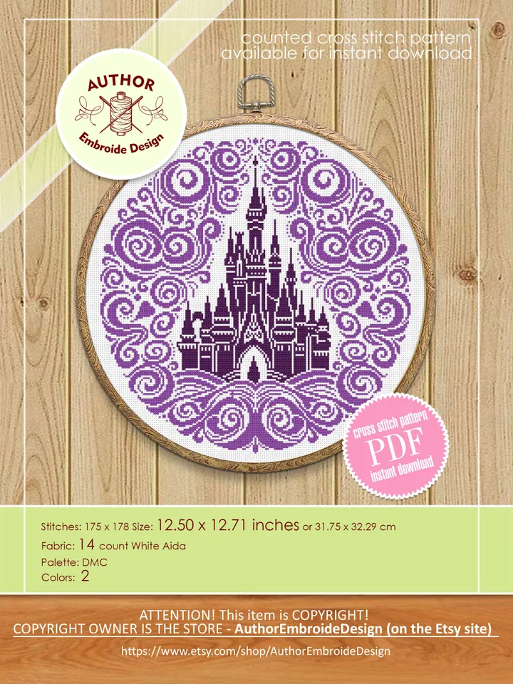 Cinderella castle mandala cross stitch pattern PDF download Magic Kingdom cross stitch chart, Fairy castle silhouette embroidery PDF #C8