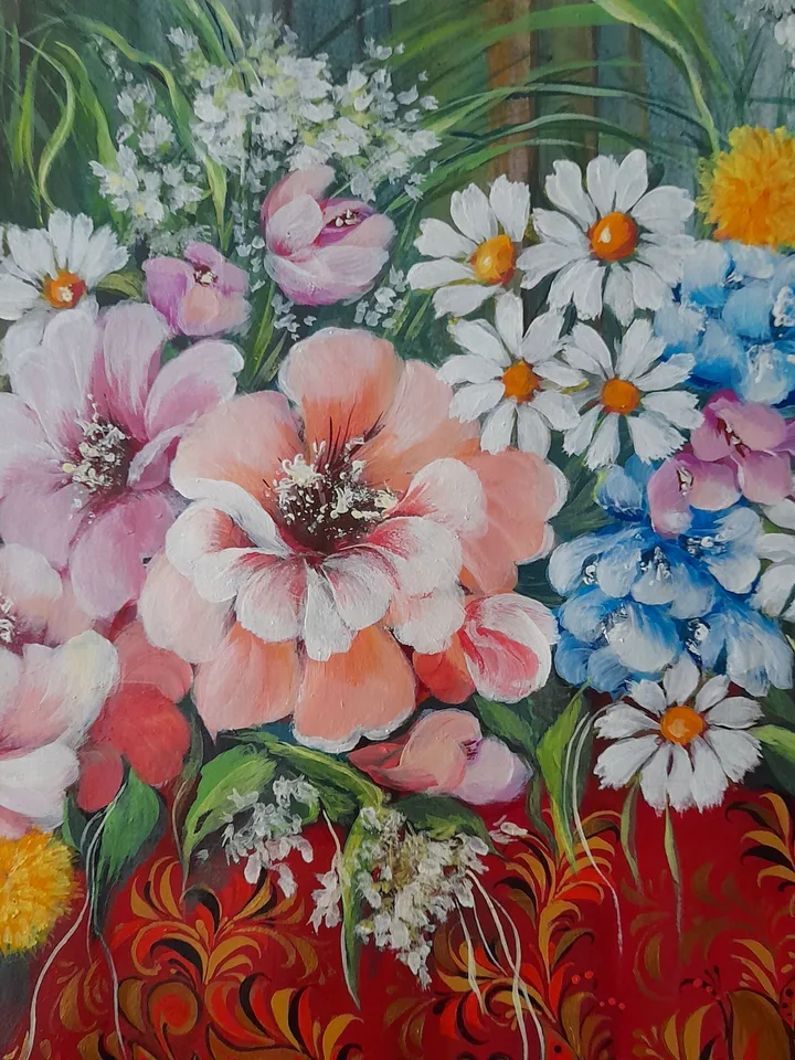 Floral painting folk art, Flowers bouquet painting, Wildflower wall art traditional