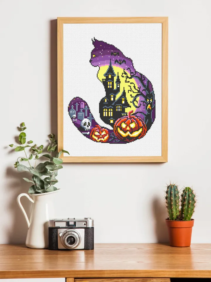 Halloween cat silhouette cross stitch pattern PDF download Haunted house cross stitch chart, Halloween pattern digital PDF, Cat lover #H17