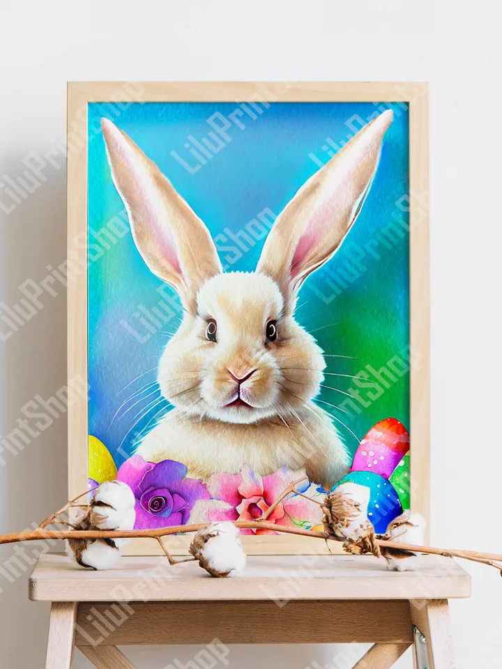 Spring Bunny print Bunny Printable art Bunny with Easter eggs & flowers Digital Easter rabbit wall art Poster instant download