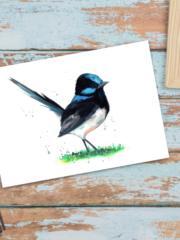 Blue fairy wren original watercolor, bird on the branch painting, colibri portrait room decor, 8x11 in wall art for bird lovers handmade by Anne Gorywine
