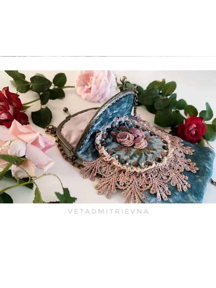 Charming velvet clasp handbag on a chain with French embroidery of roses, guipure and pebbles Boho Style Feminine Flower Accessory Rose Embroidery Luxury Handmade Jewelry