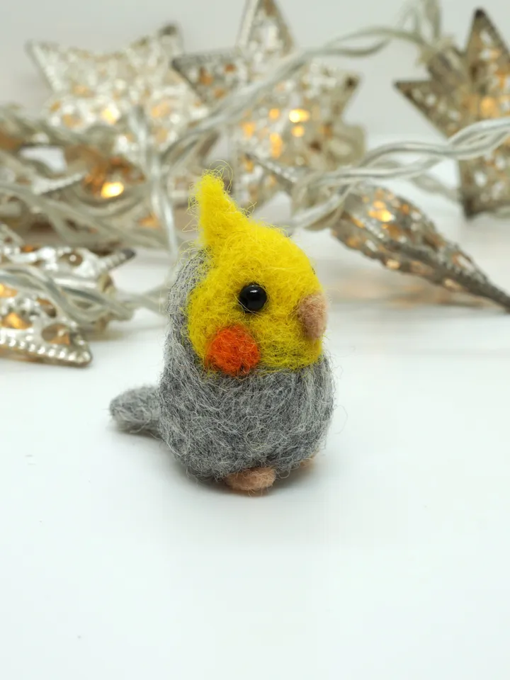 Miniature needle felted gray cockatiel, pet bird, parakeet, made to order