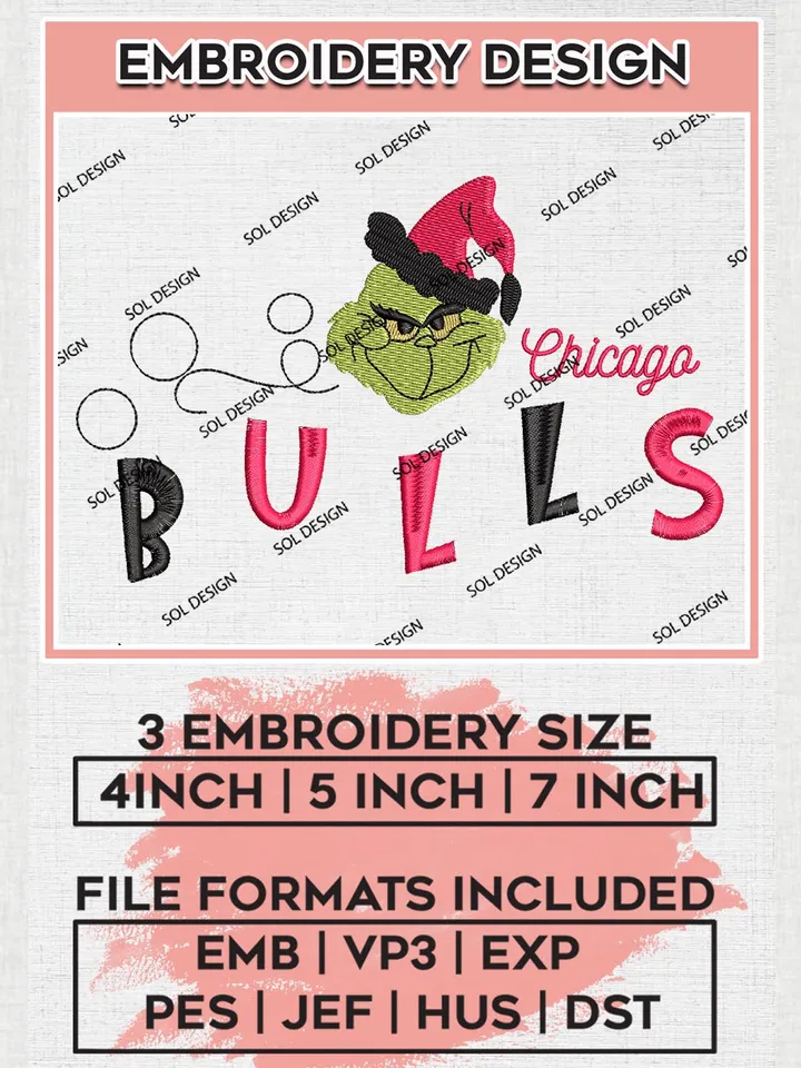 Grinch Chicago Bulls Embroidery Designs, Grinch Christmas Embroidery Files, NBA Chicago Bulls Machine Embroidery Designs, NBA Bulls Logo, NBA Christmas Machine Embroidery Design, Digital Download
