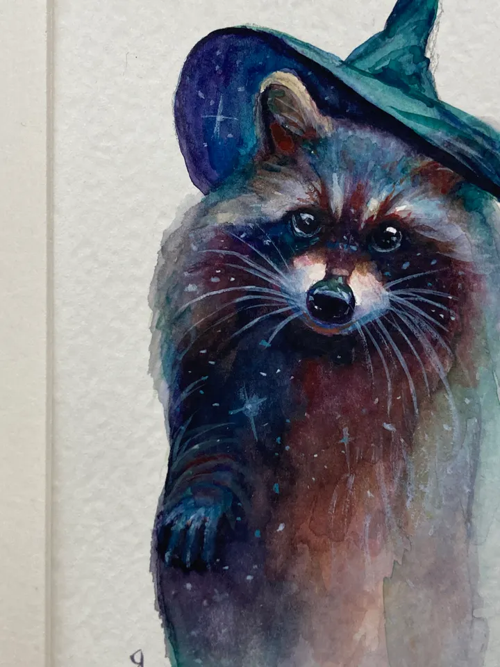 Raccoon Painting Original Watercolor Painting Raccoon Gift Small Animal Art Raccoon Illustration Witch Raccoon