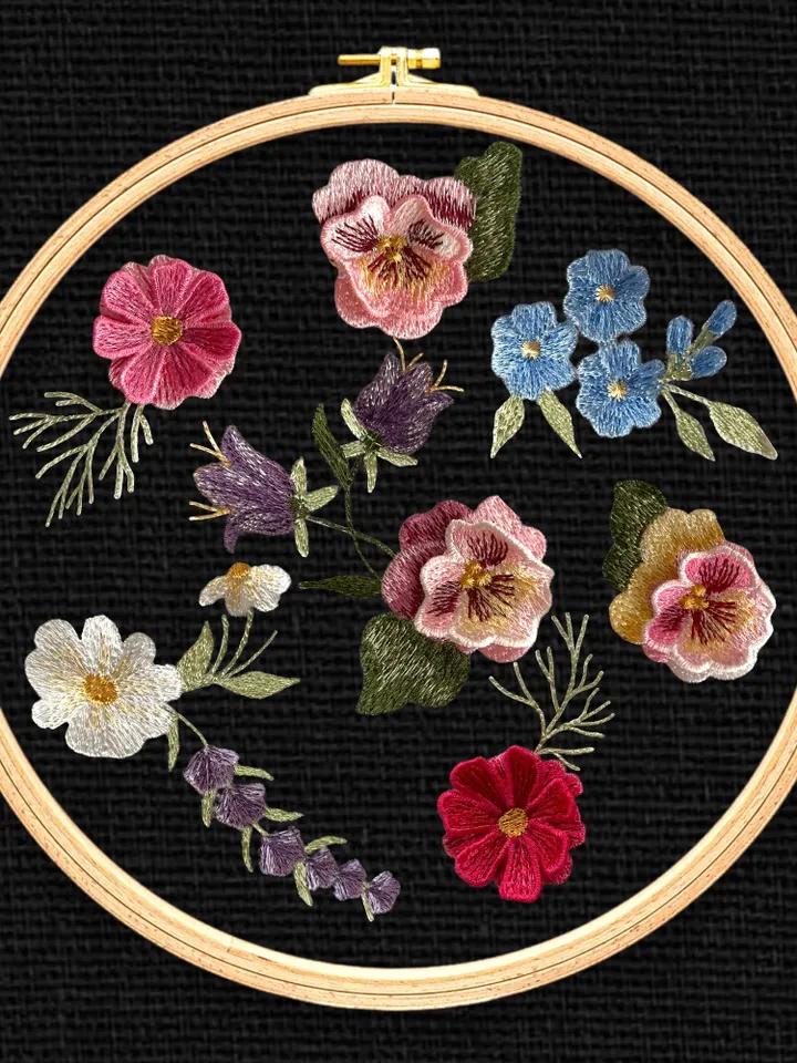 Set of spring flowers with 3D elements Floral pattern Flower machine embroidery design 3D floral motif 3D flowers digital pattern clothing