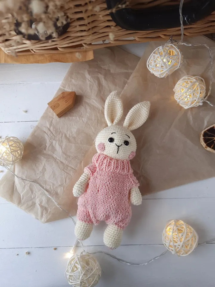 Stuffed bunny toy in pink clothes for nursery gift. Handmade Organic baby toys. Plush toys for baby