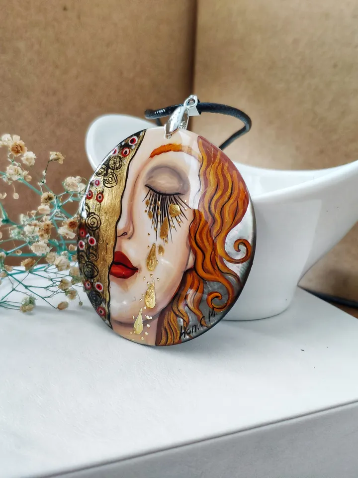 Hand Painted Necklace. Mother-of-pearl Russian hand-painted necklace pendant "Le lacrime di Freyja". Hand paint necklace pendant.