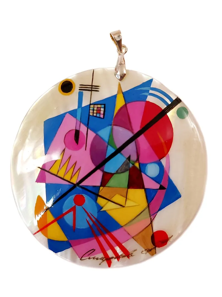 Mother-of-pearl Russian hand-painted necklace pendant. Jewelry. Abstraction. Kandinsky. Hand paint mother of pearl necklace.