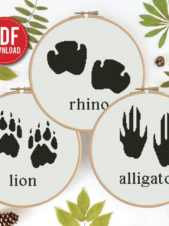 Bundle of 3 Animal Footprint Alligator, Rhino, Lion Cross stitch pattern | Embroidery Pattern | Instant Download | Embroidery Designs
