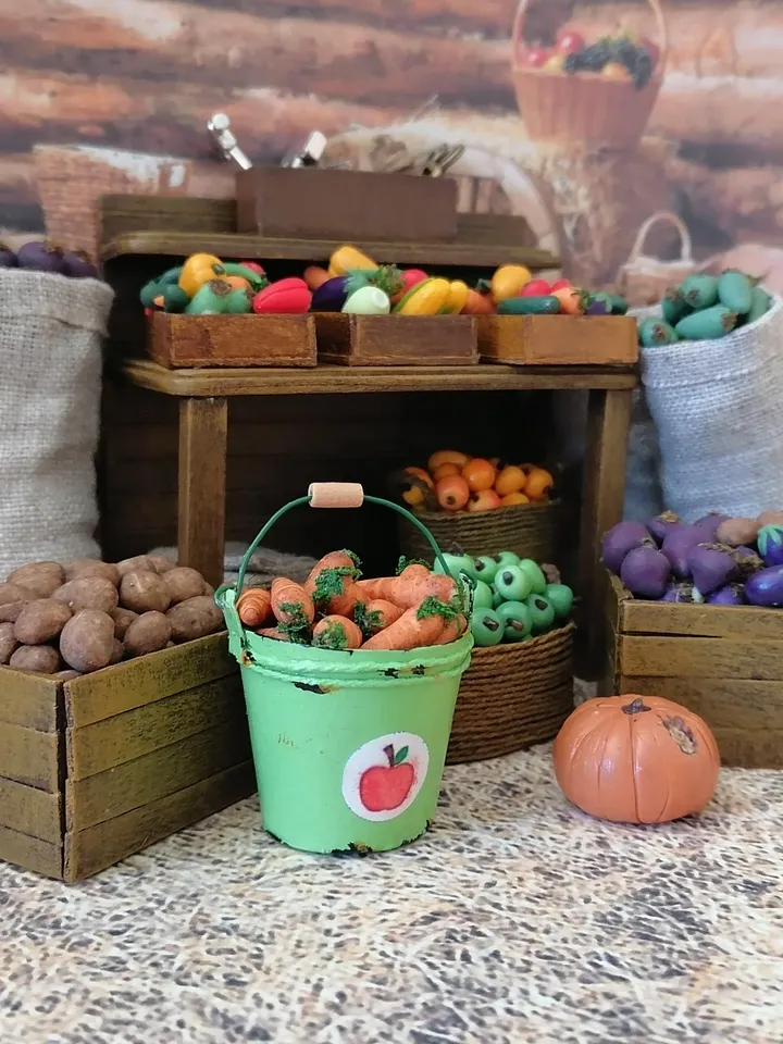 Bucket with carrots. Puppet miniature. 1:12. Doll garden.