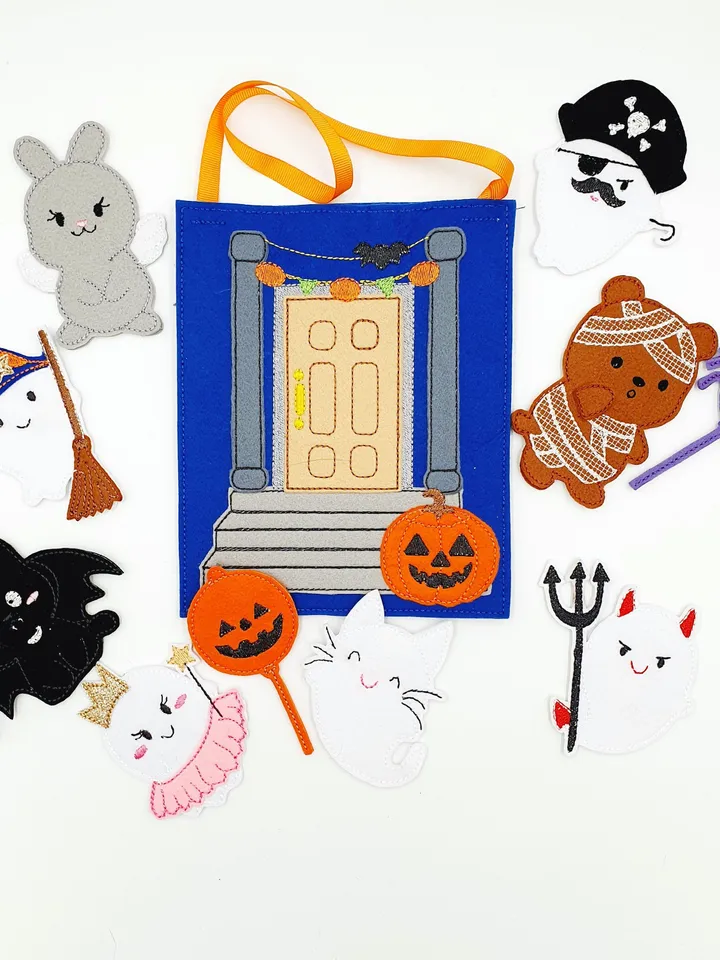 Halloween Haunted House Handbag & Finger Puppet Theater ITH Embroidery Design Set, Ghost Puppets, Felt Treat Bag Pattern