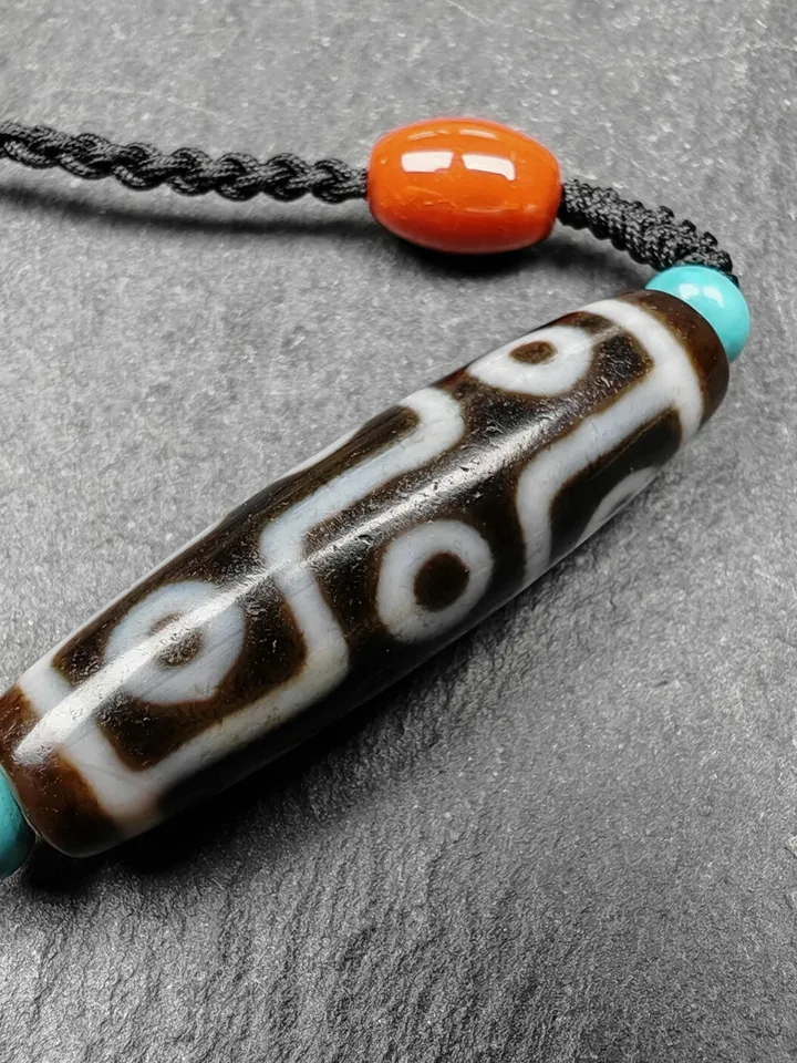 Gandhanra Vintage Tibetan 9 Eyes Dzi Bead Necklace,Protective Charm,Spiritual Gift,1.6" x 0.4"