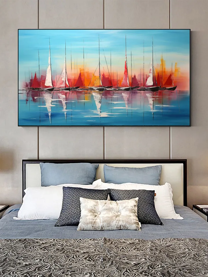Original Sailboats Painting on Canvas, Large Wall Art, Abstract Colorful Painting, Ocean Art, Living room Wall Decor, Custom Painting