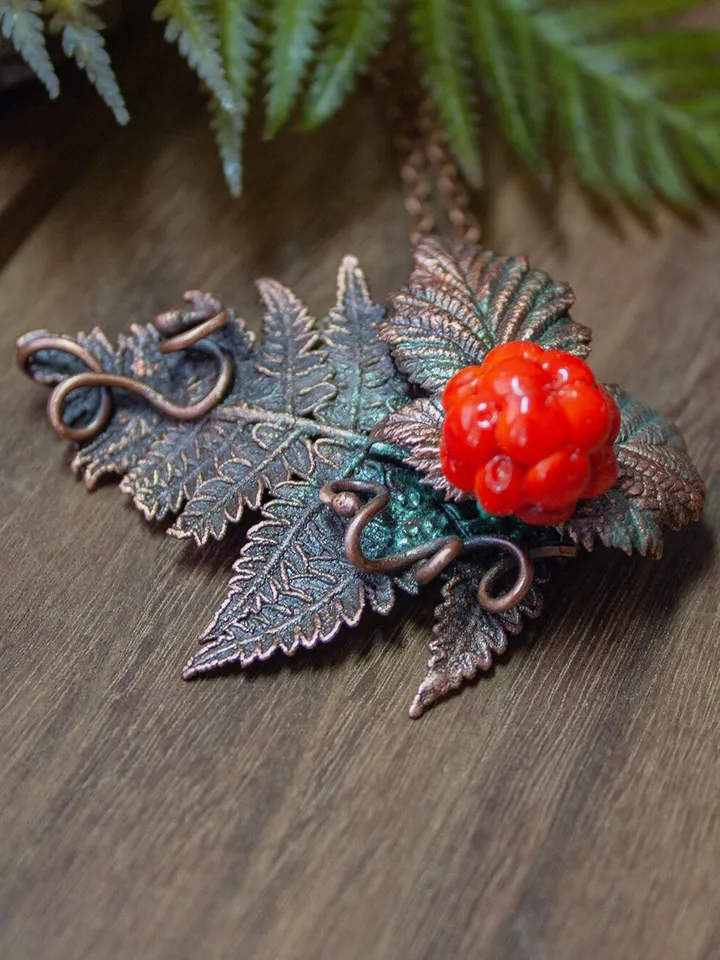Handmade Copper Pendant Glass Cloudberry Beads, Natural Jewelry, Electroforming, Metal Real Fern Leaf, Great Gift for Her