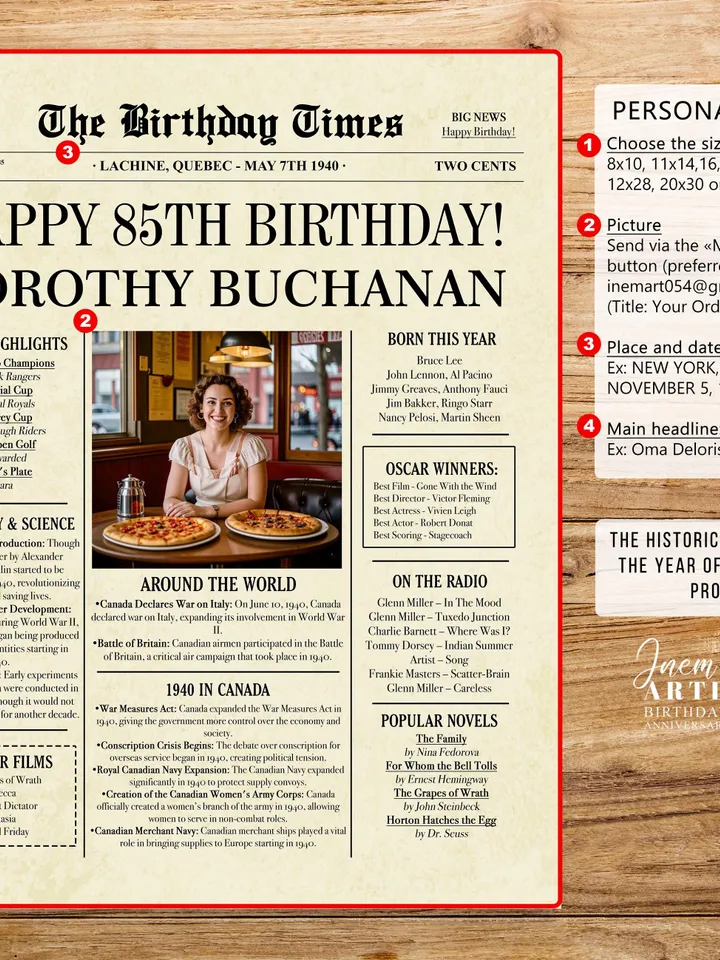 1940 birthday newspaper 85th printable poster canada 85th birthday gift back in 1940 birthday party decorations canadian fun facts