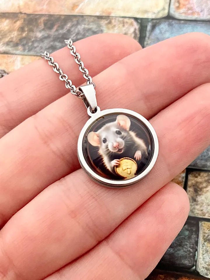 Rat with coin, steel pendant with glass, Mouse lover gift