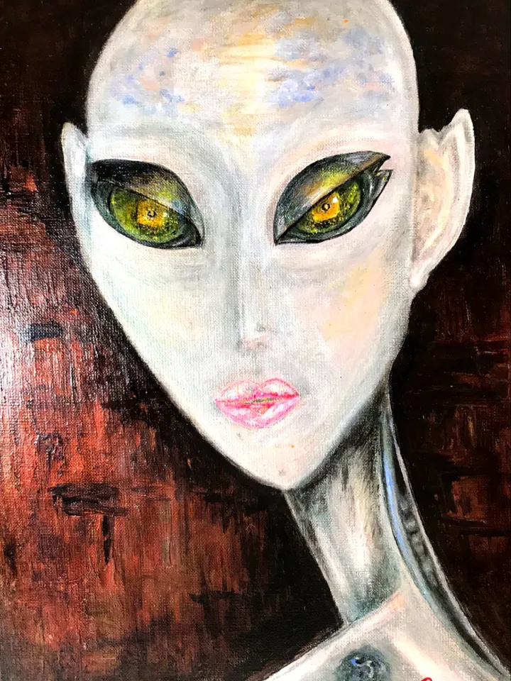 Alien painting on canvas,Alien portrait acrylic mix media painting.