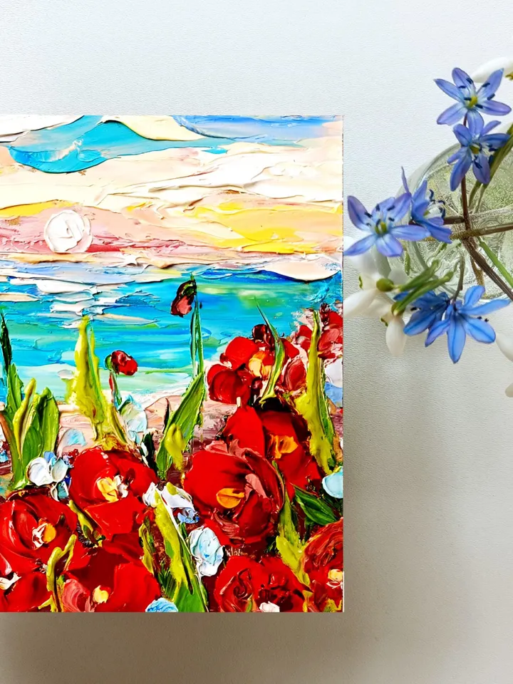 Point Reyes Painting Red Poppies Fields Impasto Art California Seascape Christmas Gifts Original Artwork Travel Gifts by ArtProkopaloSv