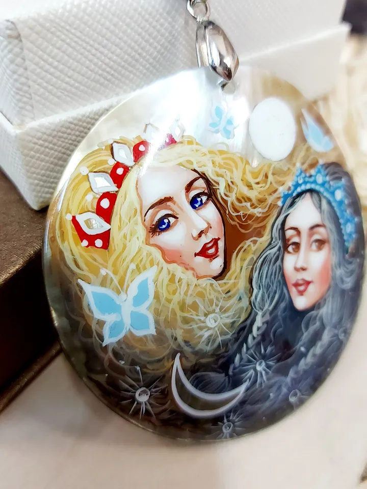 Pearl pendant necklace: Cute girls as images of Day & Night on elegant pendant. Handmade painting on lacquer shell. Dainty gift for sister