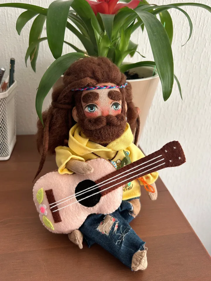 Textile doll Hippie man with tattoo and tiny felt guitar