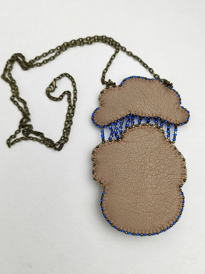 Pendant necklace Rain in the city embroidered landscape jewelry 6,5 by 10 cm