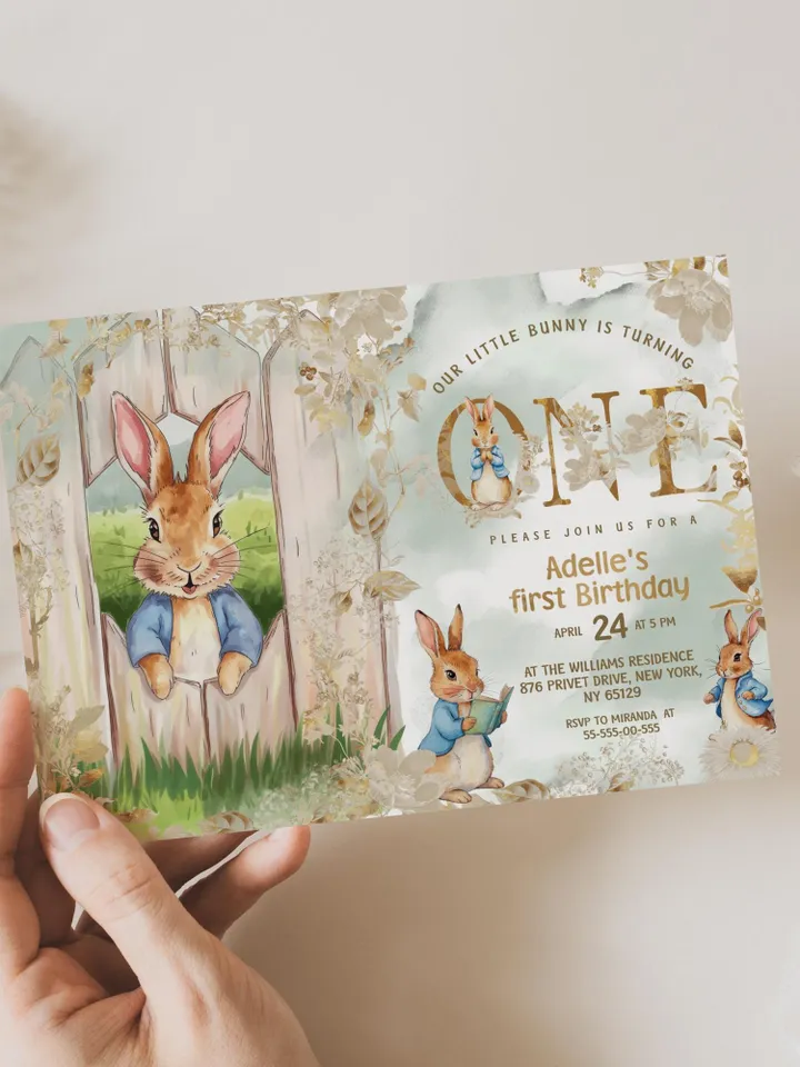 Editable and Printable Invitation template for 1st Baby Birthday party in Peter Rabbit style instant download and unlimited access pr888