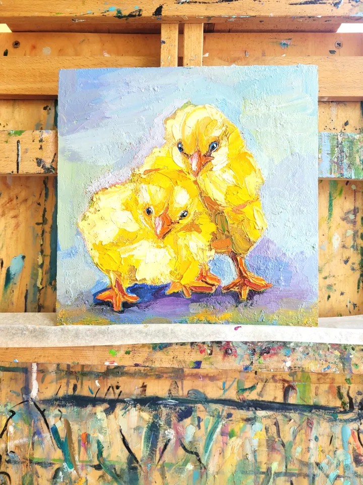Chick Painting Baby Shower Gift Original Impasto Oil Painting 8x8 Chicken Painting Family Portrait Animal Painting Nursery Decor Bird Art by ArtFromVictoria