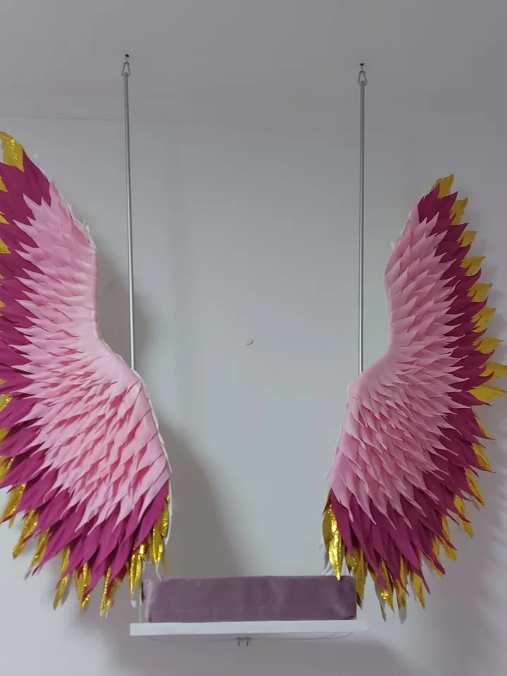 Handmade swing, hanging swing, Large angel wings, fuchsia and gold wings, winged swing,  Party Background nursery decor