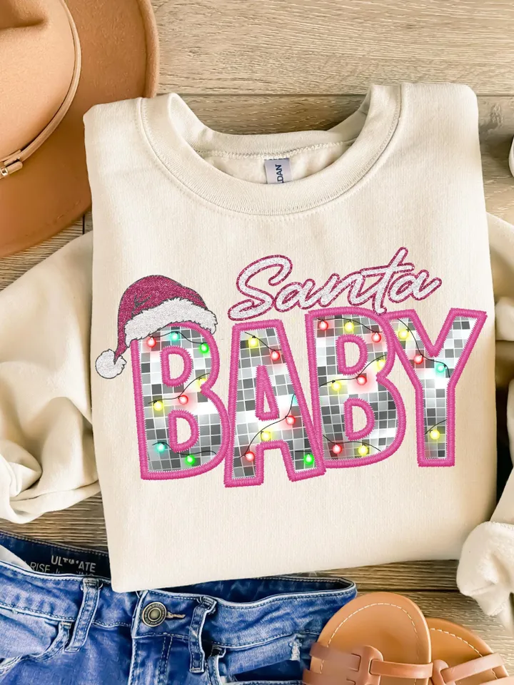 Santa Baby Png, Faux Glitter Sequins, Sparkly Christmas Png, Faux Embroidery Letters, Print File, Sublimation Design, Download ONLY