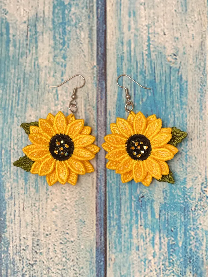 Sunflower earrings FSL Machine embroidery design Digital embroidery pattern Free standing lace flower file
