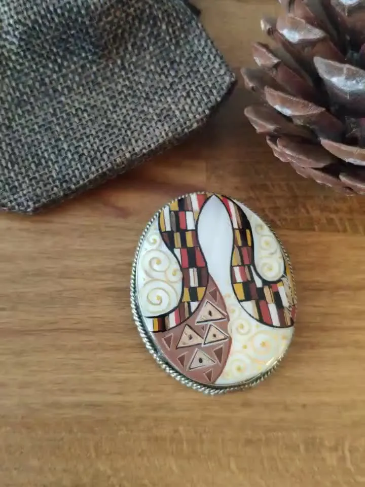 Brooches for women: Art inspired abstract mother of pearl brooch, shell jewelry originally hand-painted in Gustav Klimt's Art Nouvau style