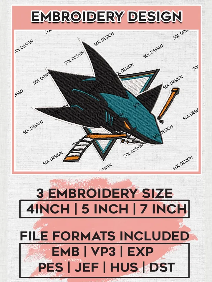 San Jose Sharks Machine Embroidery Files, NHL San Jose Sharks Embroidery Designs, NHL San Jose Logo, NHL Embroidery Design, Hockey Team, Digital Download