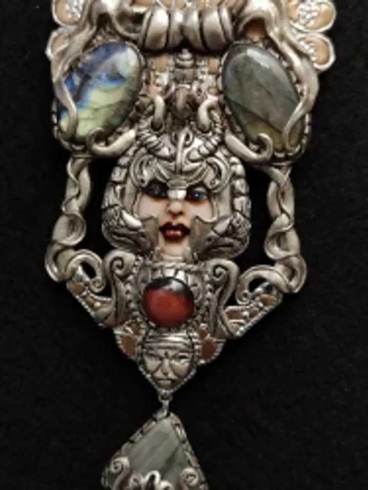 Necklace Goddess Hera, Art Nouveau style, with natural Labradorites and red agat