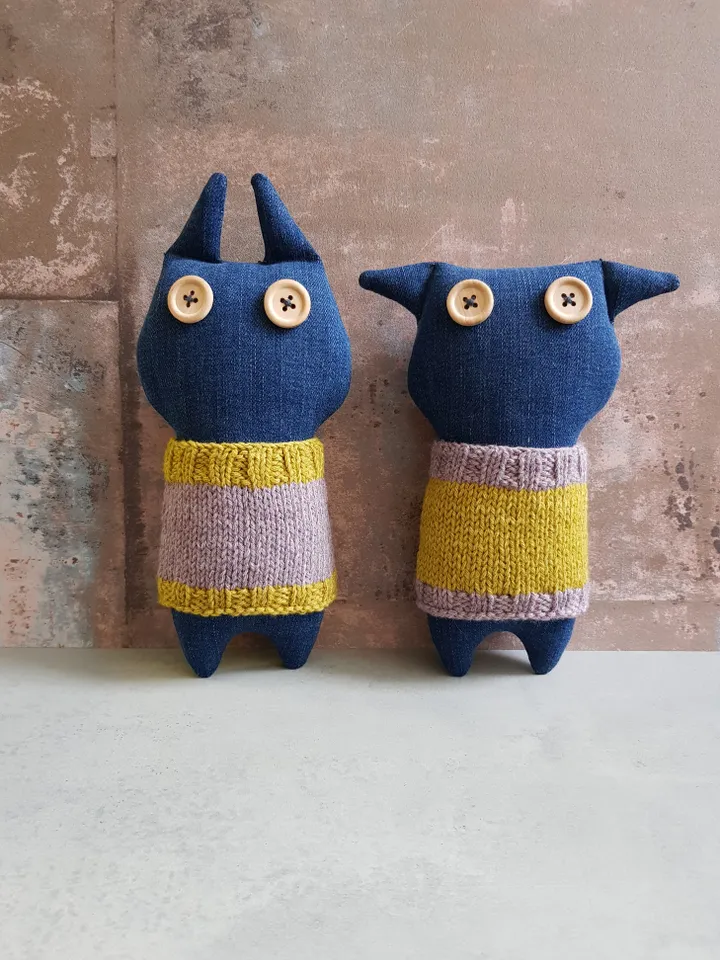 Stuffed animals patterns PDF for sewing and knitting Cat and Rabbit of denim, set of 2 tutorials