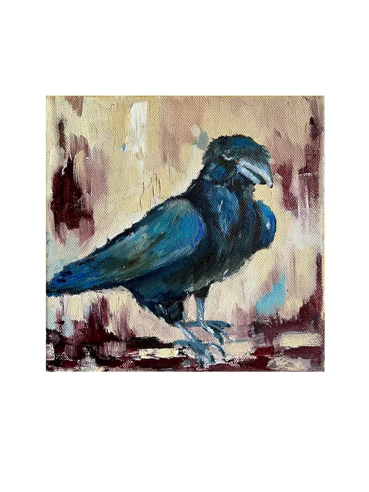 Crow painting, Original bird oil painting on canvas,  Raven wall art, Small animal artwork