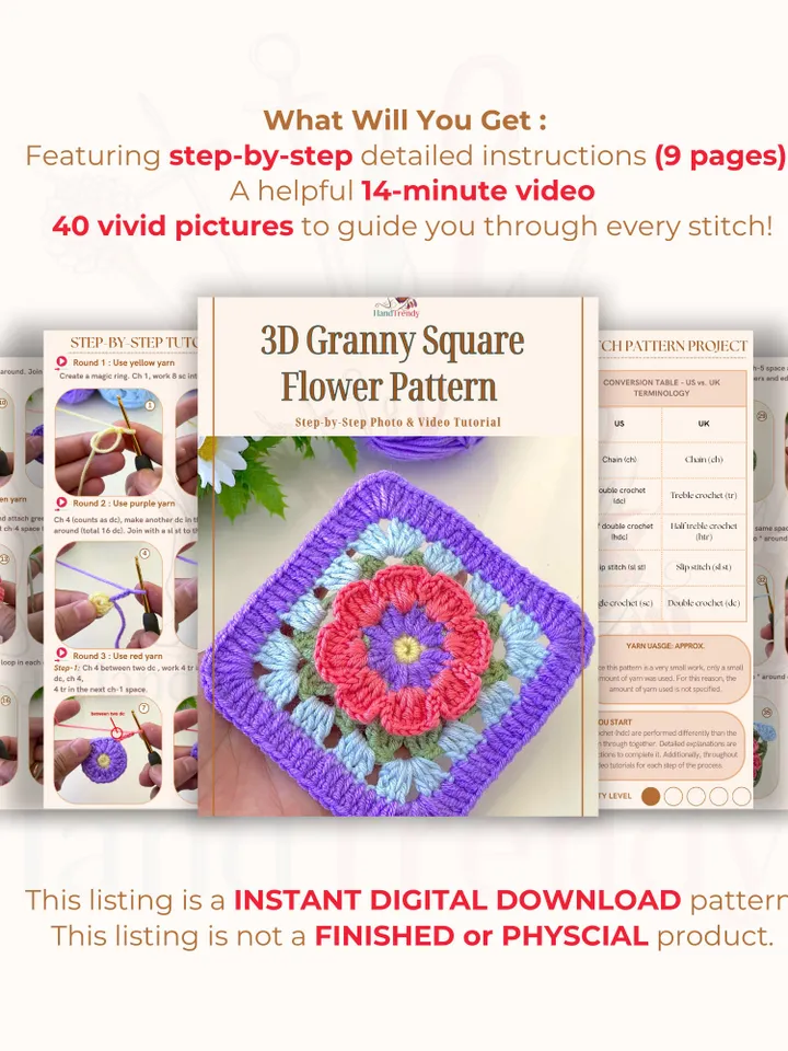 3D Granny Square Crochet Pattern for Baby Blanket & Pillow | Easy Crochet Square DIY Pattern for Beginners