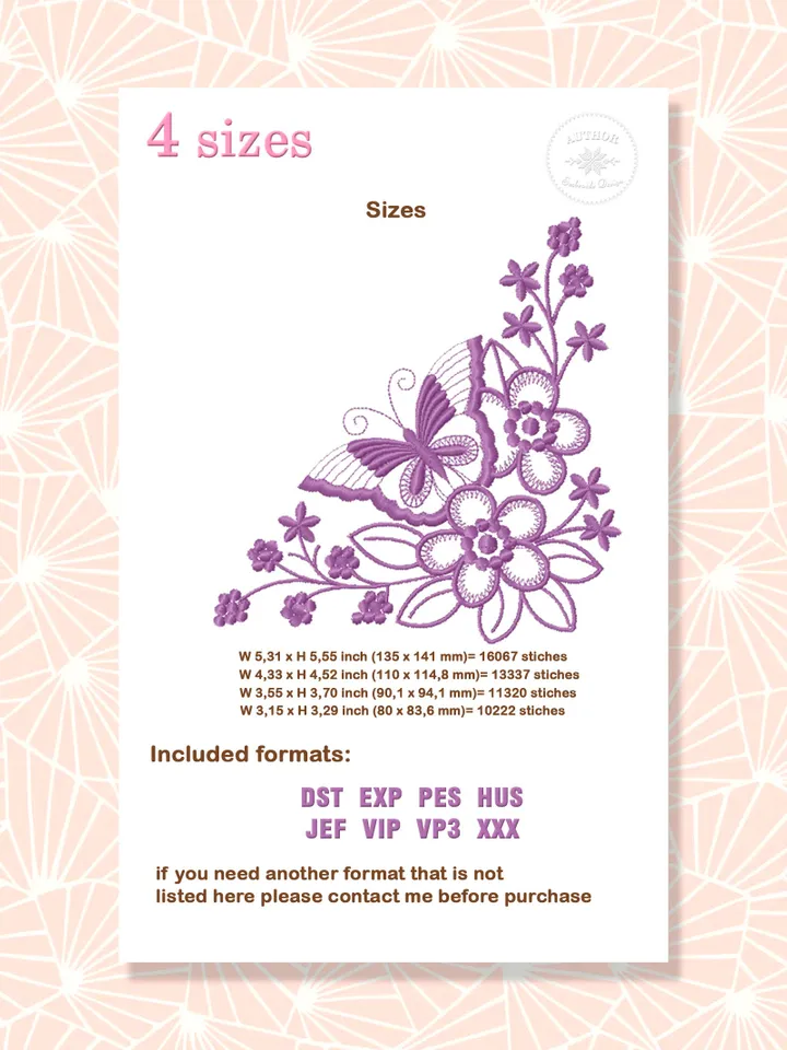 Floral corner embroidery designs Machine embroidery pattern 4 sizes, Embroidery files flower arrangement, Butterfly applique #R15