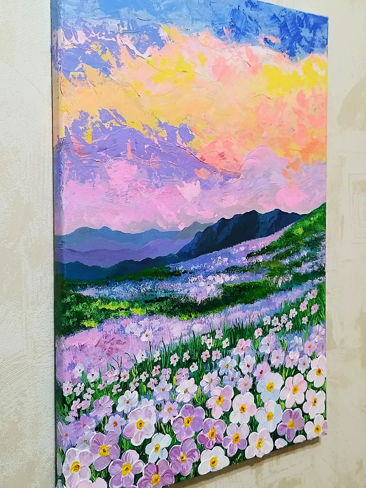 Sunset painting landscape art wildflowers wall decor