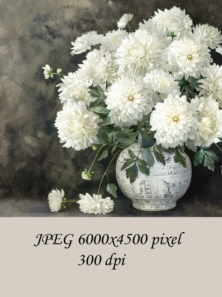 Bouquet of white chrysanthemum in a vase watercolor drawing, digital illustration, digital painting , wall art decoration. AI