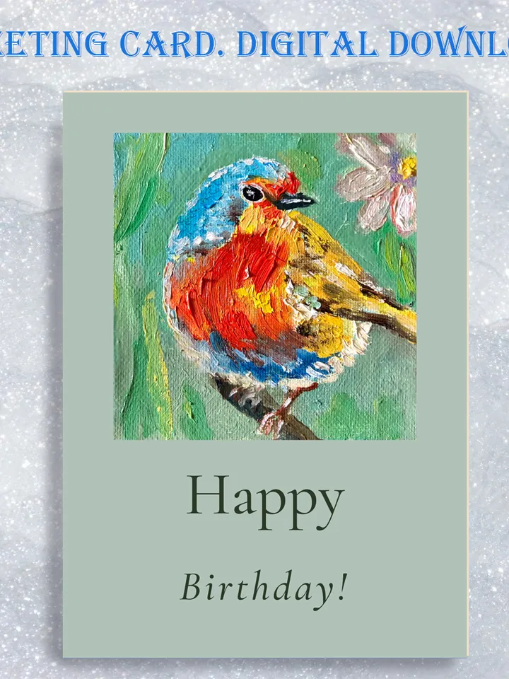 Digital Download, Bird Birthday card, Robin Digital Greeting Card, Printable bird, Birthday E-Card