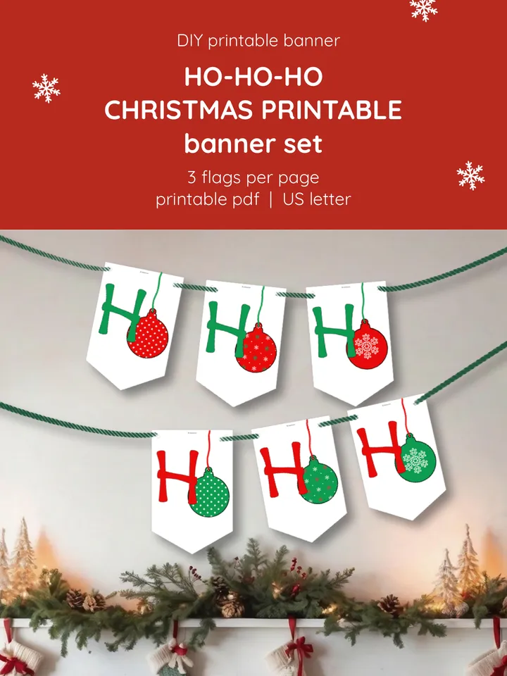 Printable Christmas Garland. Rustic & Modern Holiday Flags. Ho-ho-ho Christmas Printable Banner. DIY Holiday Wall Décor. Cozy Christmas Bunting Printable. Digital Holiday Banner Printable. Rustic Festive Home Decoration.