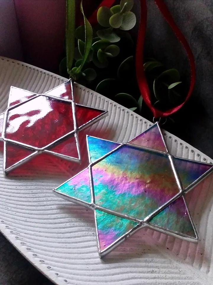Set of 2 snowflake suncatchers, christmas ornaments, simple stained glass, Christmas decorations, Xmas tree star