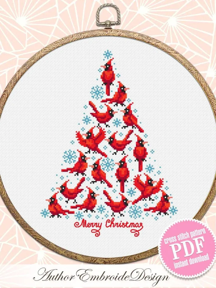 Christmas tree cardinal cross stitch pattern PDF download Red bird cross stitch chart, Christmas pattern digital, Cardinal embroidery #N163