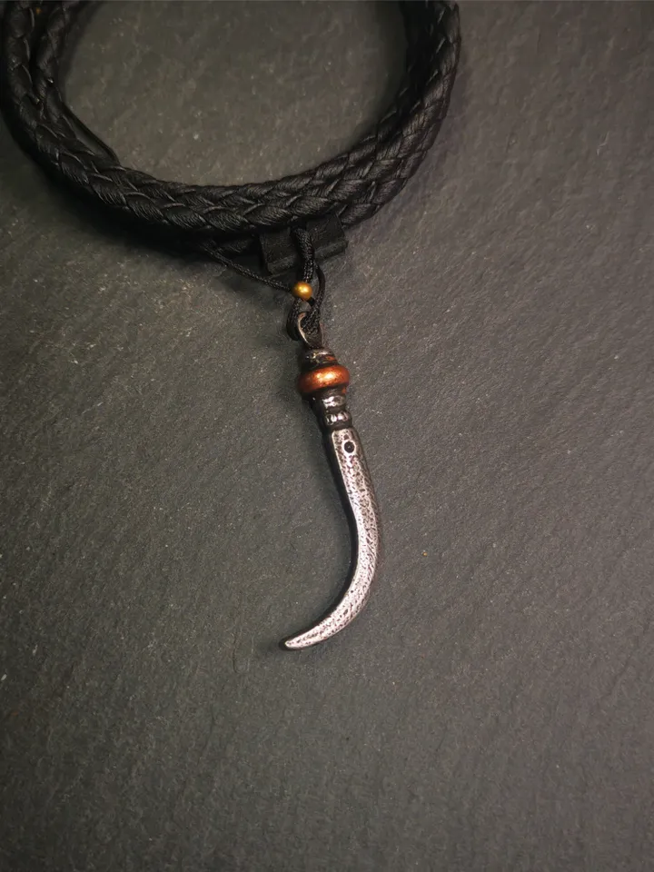 Gandhanra Handmade Tibetan Amulet ,Wolf Tooth Pendant with Leather Cord,Made of Cold Iron inlaid Copper,1.77&quot;