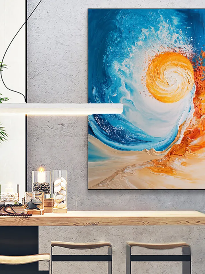 Hand-Painted Abstract Oil Painting | Vibrant Sun and Ocean Art | Stunning Blue and Orange Wall Decor for Modern Living Room